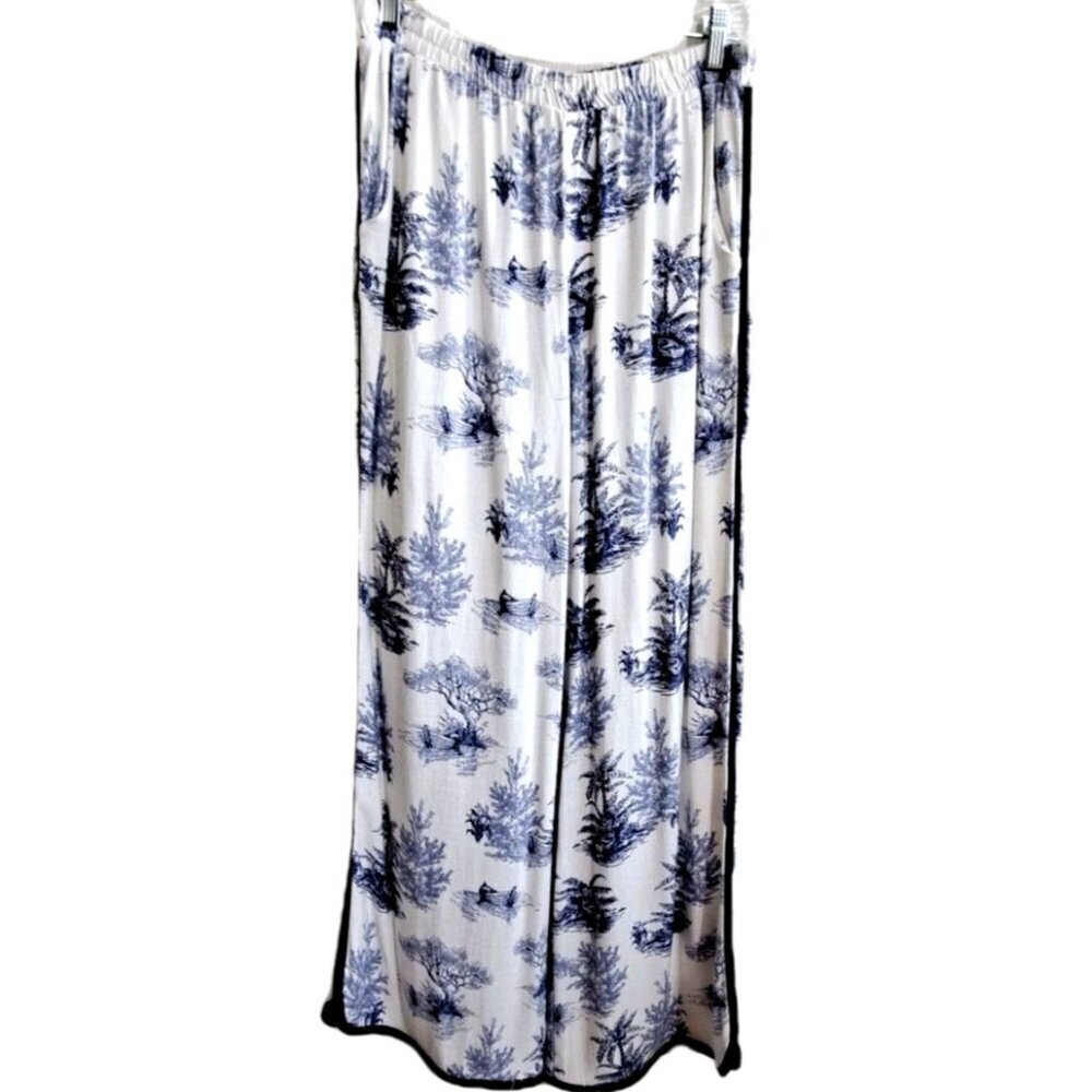 Sienna Sky L Linen Blend Tropical Print Wide Leg 30" Inseam Pants Boho Beach